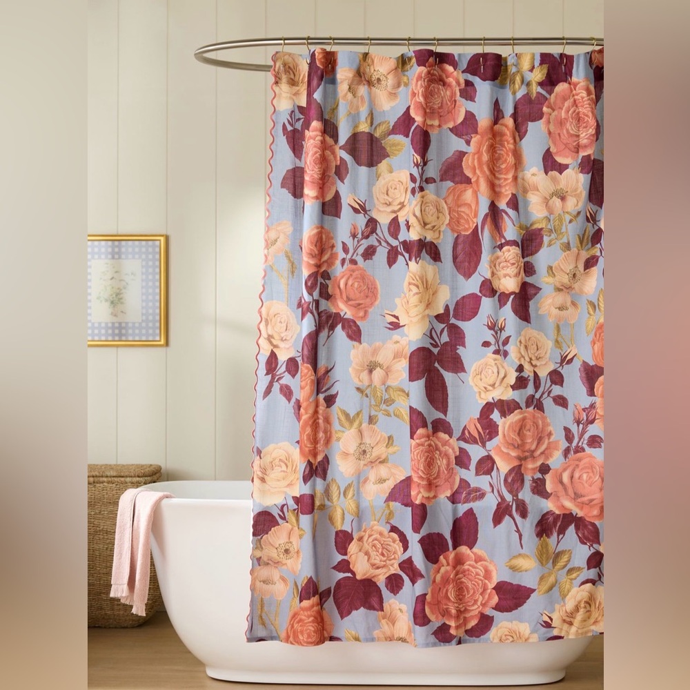 Anthropologie Floral Shower Curtain with Peach and Burgundy NWT